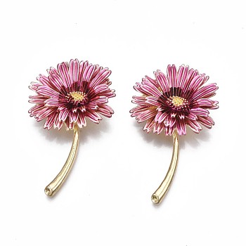 Flower Enamel Pin, 3D Alloy Brooch for Backpack Clothes, Nickel Free & Lead Free, Light Golden, Hot Pink, 54x34mm