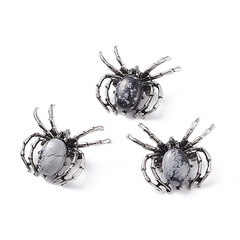 Natural Snowflake Obsidian Brooch, with Alloy Findings and Glass, Spider, Antique Silver, 34~35x41~42x7mm, Hole: 3x5mm