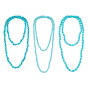 FIBLOOM 3Pcs 3 Style Synthetic Turquoise Oval & Nugget & Round Beaded Necklaces Set for Women, Turquoise, 47.24~48.82 inch(120~124cm), 1Pc/style