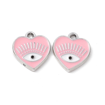 Alloy Enamel Pendants, Platinum, Heart with Eye Charm, Pink, 14.5x13x1.5mm, Hole: 1.6mm