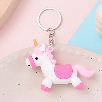 PVC Plastic Keychain, Cartoon Unicorn, Hot Pink, Pendant: 4.8x6.3cm