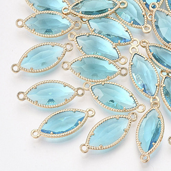 Glass Links, with Light Gold Plated Eco-Friendly Alloy Findings, Faceted, Horse Eye, Sky Blue, 21x9x4mm, Hole: 1.2mm