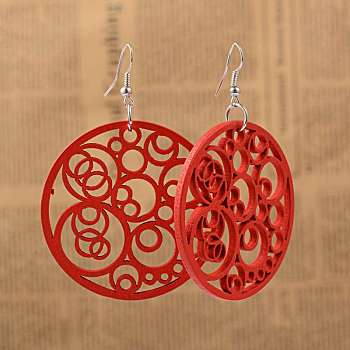 Simple Design Filigree Flat Round Wood Dangle Earrings, with Platinum Plated Iron Earring Hooks, Red, 68mm, Pin: 0.8mm
