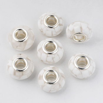 Resin European Beads, Large Hole Beads, with Platinum Tone Brass Double Cores, Rondelle, Floral White, 14x9mm, Hole: 5mm