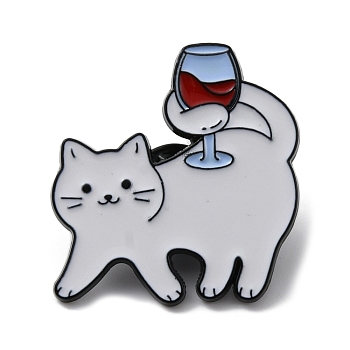 Drunk Cat Shape Alloy Enamel Brooch Pins, for Backpack, Clothes, White, 30x28x1.5mm