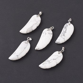 Natural Howlite Pendants, with Platinum Plated Brass Loops, Wing, 36x15~16.6x6.5~7.7mm, Hole: 5x4mm