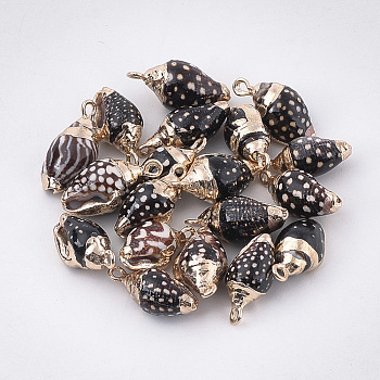 Electroplate Spiral Shell Pendants, with Iron Findings, Golden, Black, 16~20x8~11x7~10mm, Hole: 1.5mm