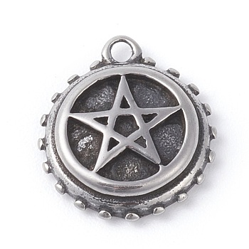 316 Surgical Stainless Steel Pentacle Charms, Flat Round with Star, Antique Silver, 12x13.5x3mm, Hole: 1.5mm