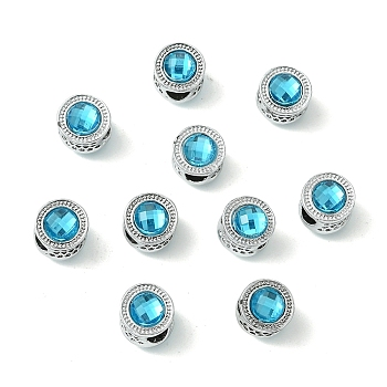 Alloy Acrylic European Beads, Large Hole Beads, Flat Round, Platinum, Deep Sky Blue, 11mm, Hole: 4.8mm