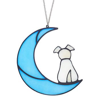 Moon & Dog Acrylic Pendant Decoration, Iron Chain Hanging Decoration, Deep Sky Blue, 550mm