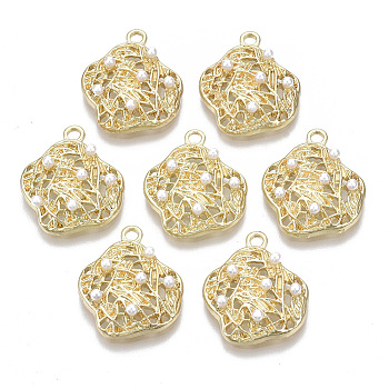 Alloy Pendants, with ABS Plastic Imitation Pearl, Flower, White, Light Gold, 21x18x5mm, Hole: 1.8mm