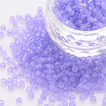 8/0 Transparent Glass Seed Beads, Round Hole, Frosted Inside Colours, Round, Lilac, 3~4x2~3mm, Hole: 0.8mm, about 15000pcs/Pound