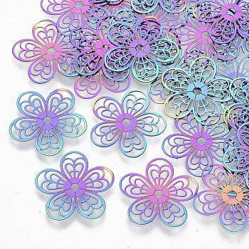 Ion Plating(IP) 304 Stainless Steel Filigree Pendants, Etched Metal Embellishments, Flower, Rainbow Color, 18x18x0.3mm, Hole: 2mm