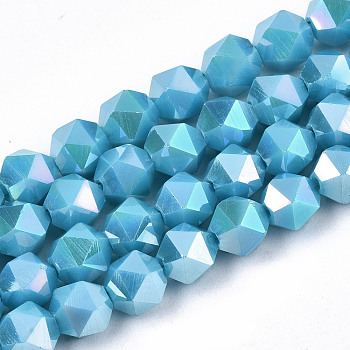 Electroplate Opaque Glass Beads Strands, AB Color Plated, Faceted, Round, Deep Sky Blue, 5.5x5.5x5.5mm, Hole: 1mm, about 97~99pcs/strand, 20.87 inch~21.26 inch(53cm~54cm)
