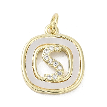 Rack Plating Brass Micro Pave Clear Cubic Zirconia Pendants, with Shell, Cadmium Free & Lead Free, Long-Lasting Plated, Real 18K Gold Plated, with Jump Ring, Letter S, 17.5x15x2.5mm, Hole: 3mm