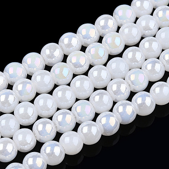 Electroplate Imitation Jade Glass Beads Strands, AB Color Plated, Round, Creamy White, 4~4.5mm, Hole: 0.8mm, about 97~99pcs/strand, 14.76 inch~14.96 inch(37.5~38cm)