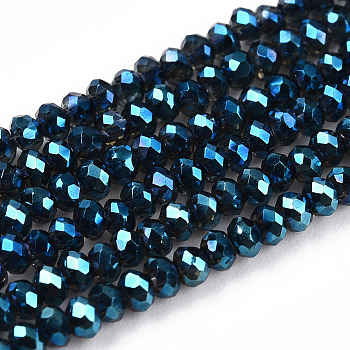 Electroplate Glass Beads Strands, Full Rainbow Plated, Faceted, Rondelle, Marine Blue, 2x1.5mm, Hole: 0.6mm, about 245~252pcs/Strand, 13.98~14.57 inch(35.5~37cm)