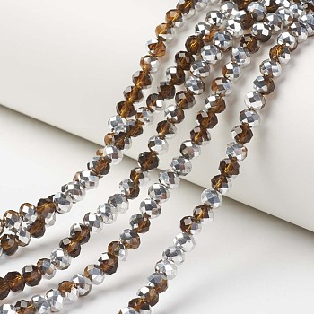 Electroplate Transparent Glass Beads Strands, Half Silver Plated, Faceted, Rondelle, Sienna, 10x8mm, Hole: 1mm, about 62pcs/strand, 22.05 inch(56cm)