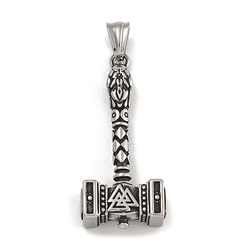 304 Stainless Steel Pendants, Hammer with Valknut Char, Antique Silver, 49x21.5x10mm, Hole: 9x5mm