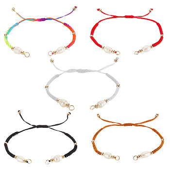 Elite Braided Nylon Cord Bracelet Making, with 304 Stainless Steel Open Jump Rings, Round Brass Beads and Pearl Beads, Mixed Color, 6-3/4 inch(17cm), 1pc/color