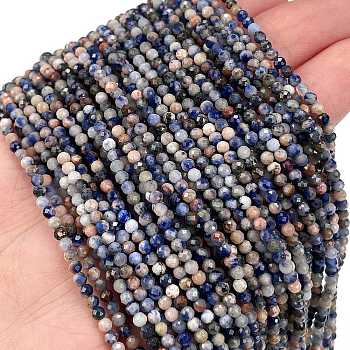 Natural Sodalite Beads Strands, Faceted, Round, 2~2.5x2mm, Hole: 0.6mm, about 156~157pcs/strand, 14.69~14.80''(37.3~37.6cm)