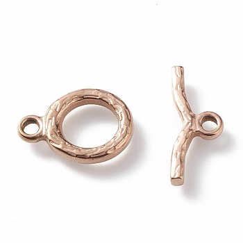 Ion Plating(IP) 304 Stainless Steel Toggle Clasps, Textured, Ring, Rose Gold, Ring: 16x12x2.2mm, Hole: 2mm, Bar: 18x7x2.2mm, Hole: 2mm