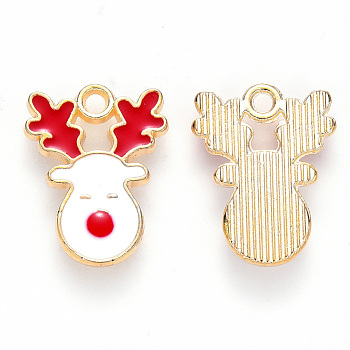 Alloy Enamel Pendants, for Christmas, Christmas Reindeer/Stag, Light Gold, White, 17x13x2mm, Hole: 1.6mm