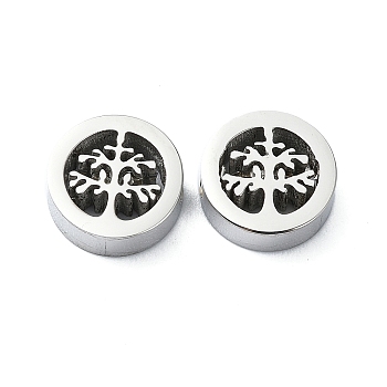 304 Stainless Steel Beads, Flat Round with Tree, Stainless Steel Color, 10x3mm, Hole: 1.8mm