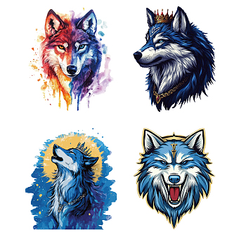 PET Heat Transfer Film Logo Stickers Set, for DIY T-Shirt, Bags, Hats, Jackets, Wolf, 245~256x200~222mm, 4pcs/set