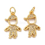 Brass Micro Pave Cubic Zirconia Pendants, with Jump Ring, Real 18K Gold Plated, Boy, Clear, 17.5x10.5x2mm, Jump Ring: 5x0.8mm, Inner Diameter: 3.2mm(ZIRC-A021-53G-B)
