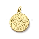304 Stainless Steel Charms, with Jump Ring, Flat Round with Sun Charm, Ion Plating(IP), Real 18K Gold Plated, 14x11.5x1mm, Hole: 2.5mm(STAS-E550-26G)