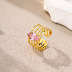 304 Stainless Steel & Cubic Zirconia Cuff Open Rings, Square, Golden, Pink, US Size 7 1/4(17.5mm)(WGFA3FC-01)