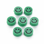 Handmade Polymer Clay Beads, Flat Round with Smiling Face, Medium Sea Green, 8~9x4mm, Hole: 1.5mm(CLAY-S096-010B)