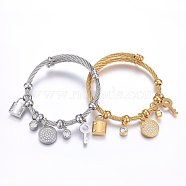 304 Stainless Steel Bangles, with Rhinestone, Flat Round & Lock & Key, Mixed Color, 2-1/4 inch(5.7cm), Pendant: 10~20x7~15x2~5mm(BJEW-O163-02)