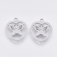 201 Stainless Steel Pendants, Laser Cut Pendants, Heart with Butterfly, Stainless Steel Color, 17.5x15x1mm, Hole: 1.4mm(STAS-T044-82P)