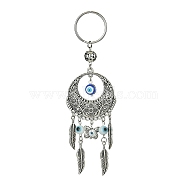 Handmade Lampwork Evil Eye Pendant Keychain, with 304 Stainless Steel Split Key Rings & Alloy Findings, Flat Round with Feather, Butterfly, 14cm(KEYC-JKC00535-03)