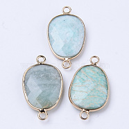 Natural Amazonite Links Connectors, with Light Gold Plated Edge Brass Loops, Oval, Faceted, 30.5~31.5x17.5x5~6mm, Hole: 2mm(X-G-R472-01F)