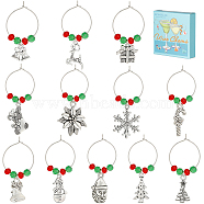 12Pcs Christmas Theme Tibetan Style Alloy & Glass Pendants Wine Glass Charms, Goblet Marker, with Brass Wine Glass Charm Rings, Bell/Snowflake/Christmas Tree, Antique Silver, 45~58mm(AJEW-SC0002-02)