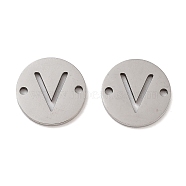 201 Stainless Steel Hollow Flat Round Links, Letter Connector Charms, Stainless Steel Color, Letter V, 12x1mm, Hole: 1.2mm(FIND-R149-03V-P)