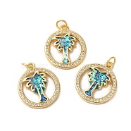 Brass Micro Pave Cubic Zirconia Pendants, with Synthetic Opal, Long-Lasting Plated, Lead Free & Cadmium Free, Ring with Coconut Tree, with Jump Rings, Real 18K Gold Plated, 20x18x3mm, Hole: 3mm(KK-K385-133G)