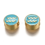 Brass Beads, with Enamel, Flat Round with Constellation, Real 18K Gold Plated, Light Sky Blue, Aquarius, 10x5mm, Hole: 4.5x2.5mm(ENAM-I046-02G-10)