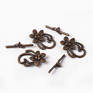 Tibetan Style Toggle Clasps, Zinc Alloy Toggle Clasps, Antique Bronze, Flower, Lead Free, Cadmium Free and Nickel Free, Flower: 20mm wide, 28mm long, Bar: about 5mm wide, 30mm long, hole: 2mm(MLF0677Y-NF)