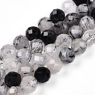 Natural Tourmalinated Quartz Beads Strands, Round with Faceted, 7.5~8mm, Hole: 1mm, about 23~26pcs/strand, 7.36~7.72''(18.7~19.6cm)(G-S345-8mm-30)