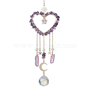 Natural Amethyst Chip Beads with Brass Findings Pendant Decorations, Heart Hanging Suncatcher, 252~270mm(HJEW-JM01814-02)