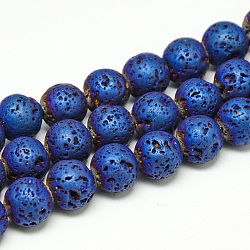 Electroplate Natural Lava Rock Beads Strands, Matte Style, Round, Blue Plated, 6~7mm, Hole: 1mm, about 60pcs/strand, 14.7~15.1 inch(X-G-T058-03B-6MM)