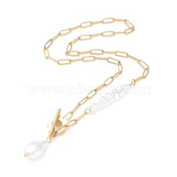 Plastic Imitation Pearl with Flower Pendant Necklace, Ion Plating(IP) 304 Stainless Steel Jewelry for Women, Golden, 17.32 inch(44cm)(NJEW-A006-01G)