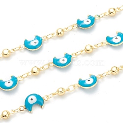 Golden Brass Link Chain, with Enamel Moon Shape Evil Eye Charms, Long-Lasting Plated, with Spool, Soldered, Light Blue, Link: 13.5x7x3mm and 8x3.5x3mm, 32.8 Feet(10m)/roll(CHC-H103-18B-G)