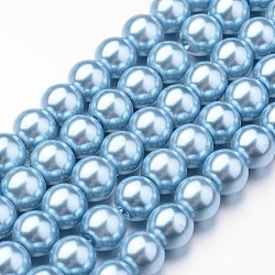 Eco-Friendly Dyed Glass Pearl Round Bead Strands, Cotton Cord Threaded, Light Blue, 8mm, Hole: 1.2~1.5mm, about 52pcs/strand, 15 inch(X-HY-A008-8mm-RB006)