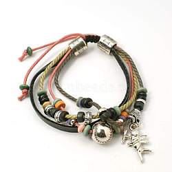 Alloy Multi-strand Bracelets, Waxed Cotton Cord and Leather Cord with Alloy Findings and Wood Beads, Coral, about 46mm inner diameter, Alloy findings: 6~12x2~10mm, Wood Beads: 6x3~5mm, CCB Plastic: 24x15x3mm(BJEW-D265-1)