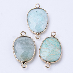 Natural Amazonite Links Connectors, with Light Gold Plated Edge Brass Loops, Oval, Faceted, 30.5~31.5x17.5x5~6mm, Hole: 2mm(X-G-R472-01F)
